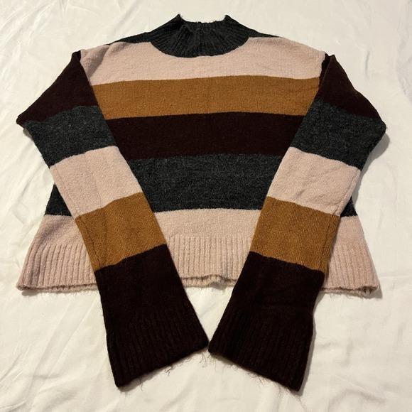 Express Women's Size XS Long Sleeve Striped Mock Neck Sweater Gray Pink Orange - Picture 1 of 7